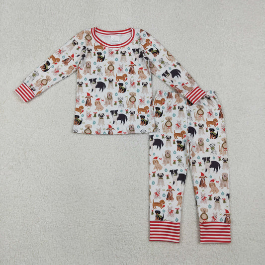 GLP2193 Christmas Puppy Bow Pink White Long Sleeve Pants Girls Pajama Set 202510 RTS