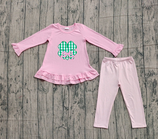 NO MOQ Preorder GLP2210 St. Patrick's Day Embroidered Bows Four-Leaf Clover Pink Ruffle Long Sleeve Pants Girls Sets 202510