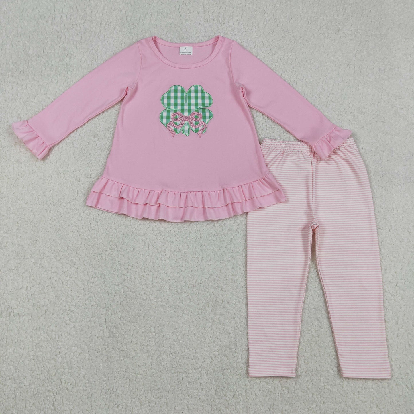 GLP2210 St. Patrick's Day Embroidered Bows Four-Leaf Clover Pink Ruffle Long Sleeve Pants Girls Sets 202512 RTS