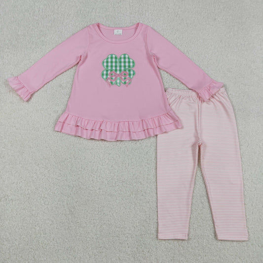 GLP2210 St. Patrick's Day Embroidered Bows Four-Leaf Clover Pink Ruffle Long Sleeve Pants Girls Sets 202512 RTS