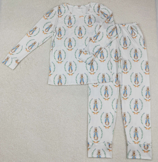 GLP2219 Easter Bunny Flower White Blue long sleeve top pants pajamas set Girls Boutique  outfit 202502 RTS