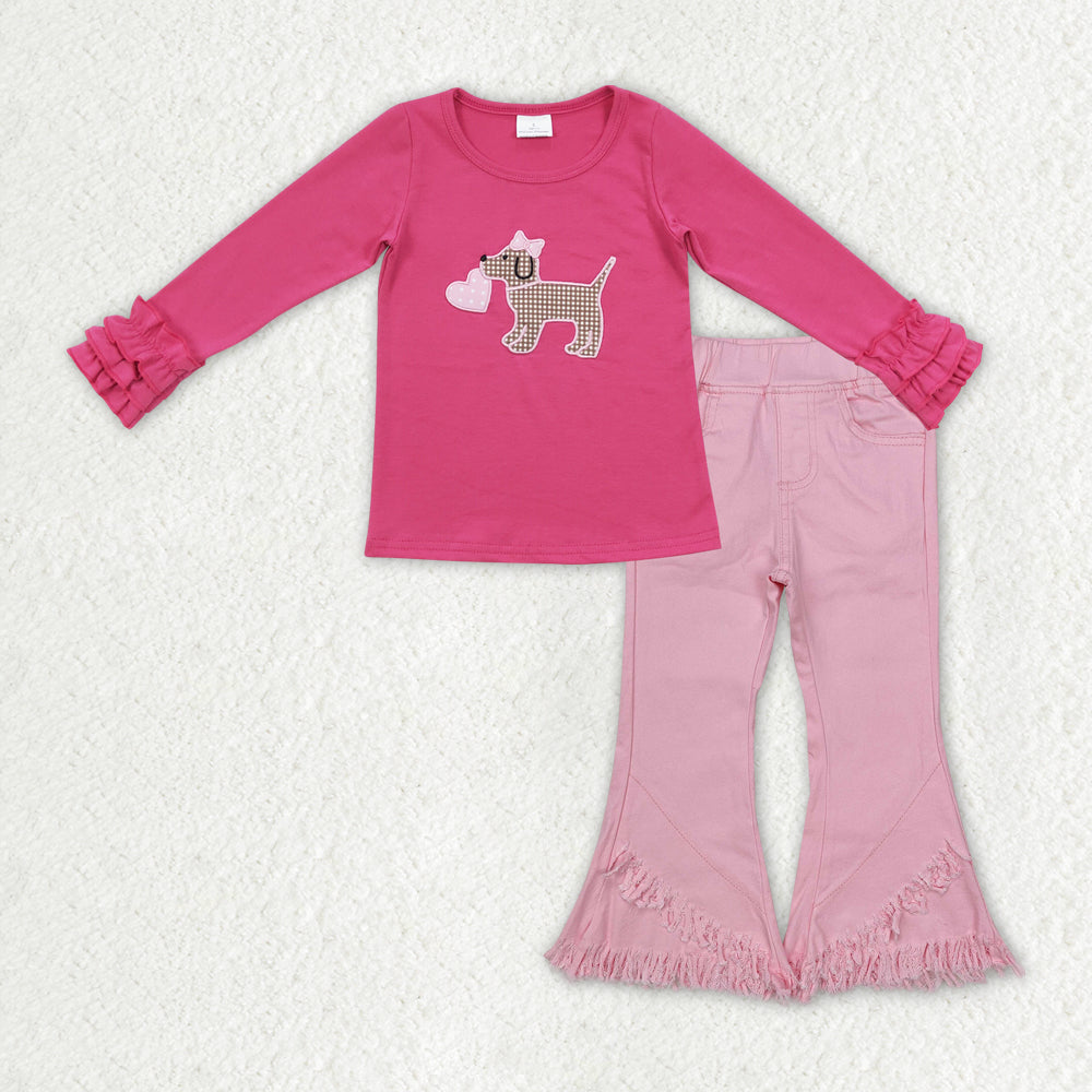 GLP2236 Valentine's Day Puppy Rose Red Long Sleeve Top Denim Pants Girls Sets RTS 202509