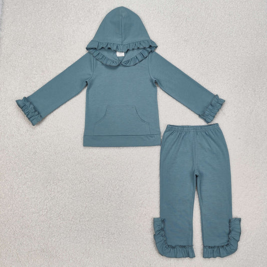 GLD2250 Girls clothing sets Blue Green hoodie ruffle top pants outfit Mardi Gras spring clothes RTS202412