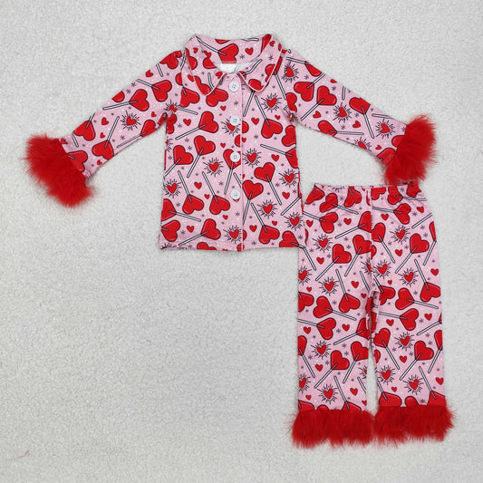 GLP2266 Valentines baby girl boutique pajamas love pattern Red plush long sleeve top pants  outfit RTS 202412