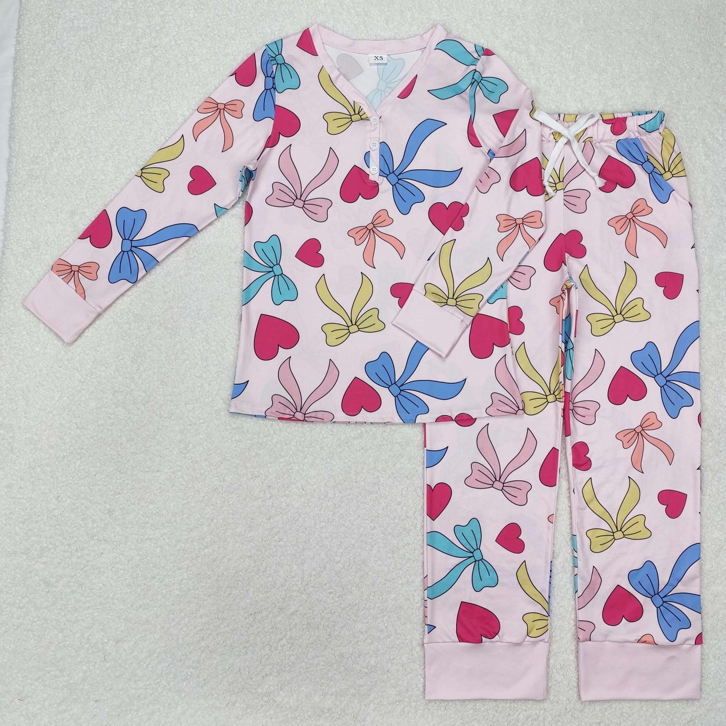 GLP2275 Adult women's Hot Pink long sleeve top pants pajamas with colored bow love Valentines Day Girl summer boutique outfit RTS 202501