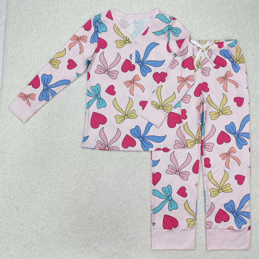 GLP2275 Adult women's Hot Pink long sleeve top pants pajamas with colored bow love Valentines Day Girl summer boutique outfit RTS 202501