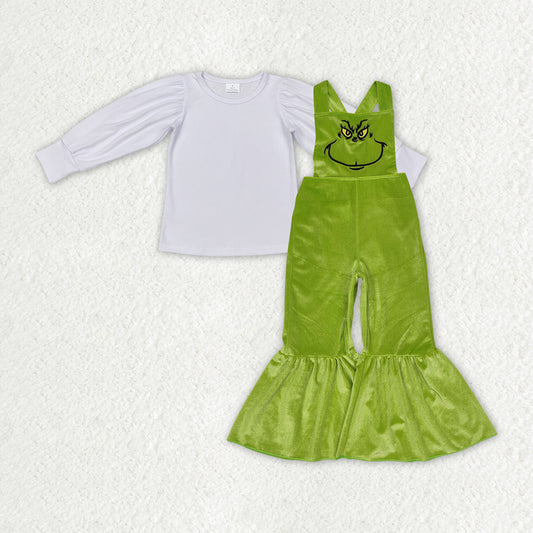 GLP2277 Solid White Long Sleeve Shirts with Grinch Green Velvet Overalls Jumpsuits Girls Sets RTS 20241126