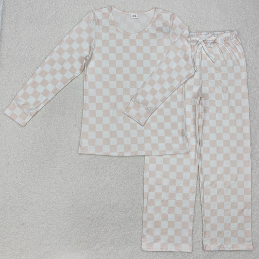 GLP2291 Light Orange checkerboard long sleeve top pants pajamas Adult girl Boutique Outfit RTS 202501