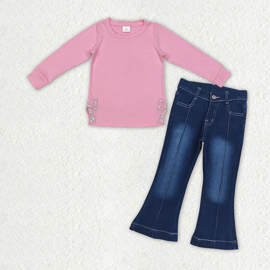 GLP2299 sweet girls clothing outfits embroidery bows long sleeve top blue denim pants 202412 RTS