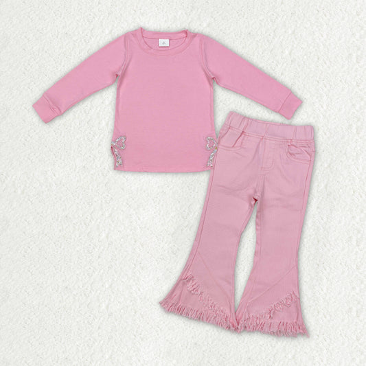 GLP2300 girls clothing outfits pink cotton long sleeve top with embroidery bows pink denim pants outfits 202412