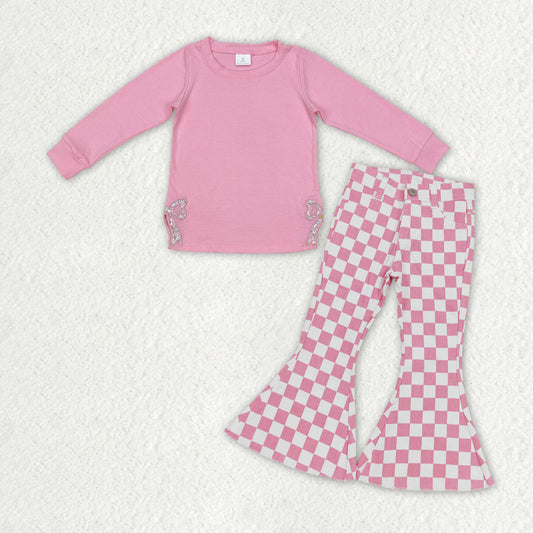 GLP2301 girls clothing outfits pink cotton long sleeve top with embroidery bows pink check denim pants outfits 202412