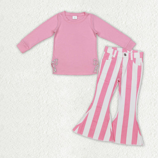 GLP2302 girls clothing outfits pink cotton long sleeve top with embroidery bows denim pants outfits 202412RTS