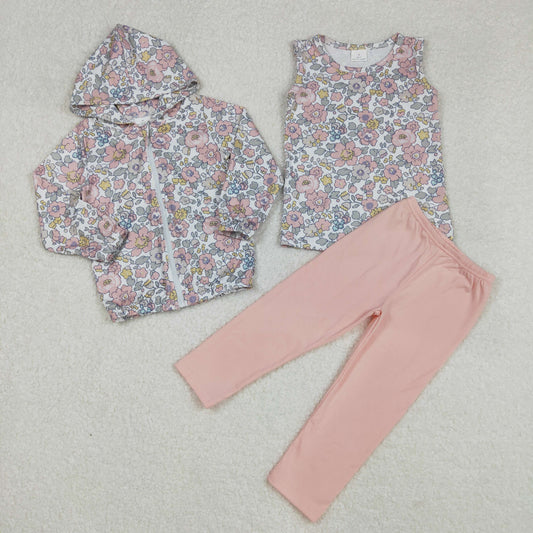 GLP2313 3PCS Flower Zipper Hooded Long Sleeve Top Pants with Vest Girls Sets 202502 RTS