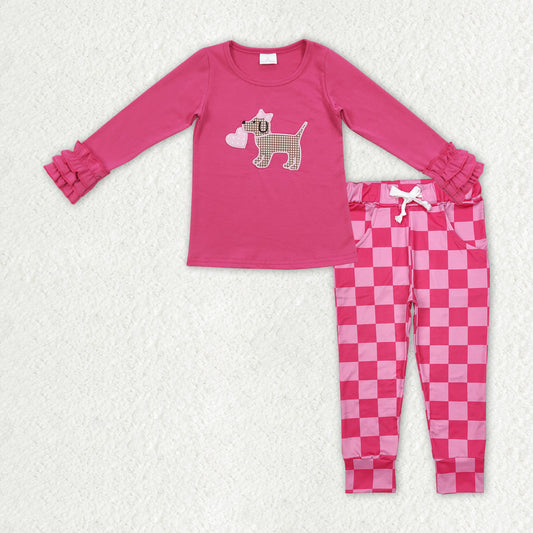 GLD2315 Valentines girls boutique outfits cute bow Puppy Love Rose Red ruffle top with drawstring check pants RTS202412