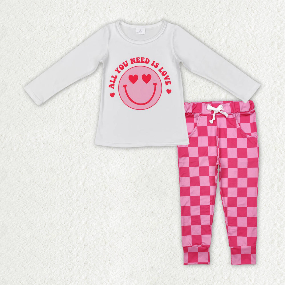 GLD2316 Valentines girls boutique outfits Smile Love ALL YOU NEED IS LOVE white top with Rose Red drawstring check pants RTS202412