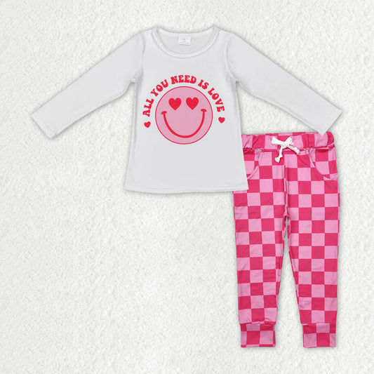 GLD2316 Valentines girls boutique outfits Smile Love ALL YOU NEED IS LOVE white top with Rose Red drawstring check pants RTS202412