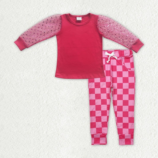 GLD2317 Valentines girls boutique outfits Rose Red Sequin top check pants RTS202412