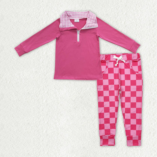 GLD2318 Valentines girls boutique outfits Rose Red stand-up zipper top check pants RTS202412
