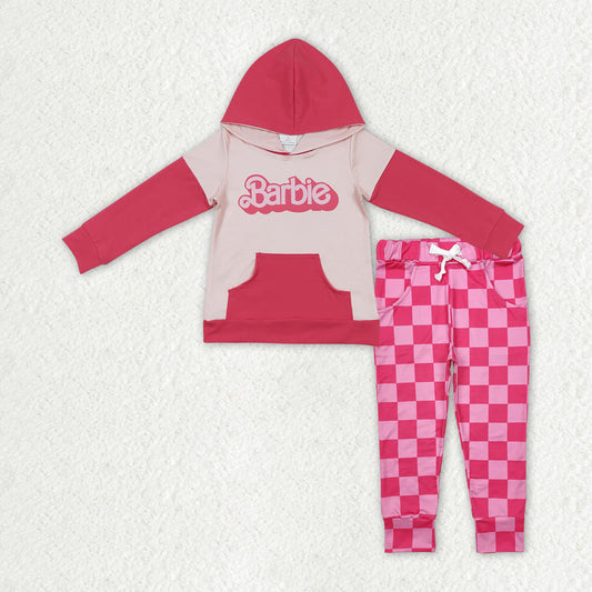 GLD2319 Valentines girls boutique outfits Rose Red Hoodie top with pocket check pants RTS202412