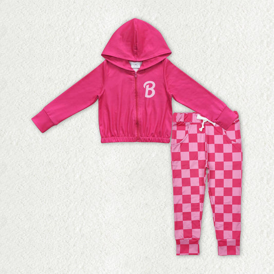 GLD2320 Valentines girls boutique outfits Rose Red Hoodie zipper top check pants RTS202412