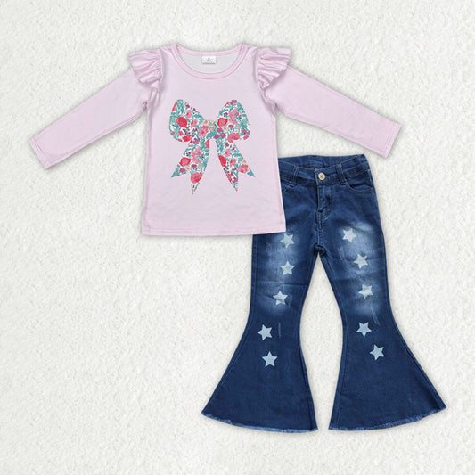 GLD2321 Valentines girls boutique outfits Pink ruffle flower bow top Dark Blue bell bottom pants RTS202412