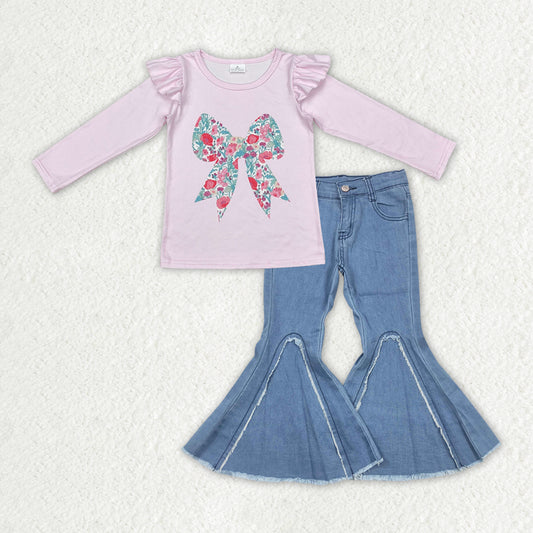 GLD2322 Valentines girls boutique outfits Pink ruffle flower bow top Baby Blue bell bottom pants RTS202412