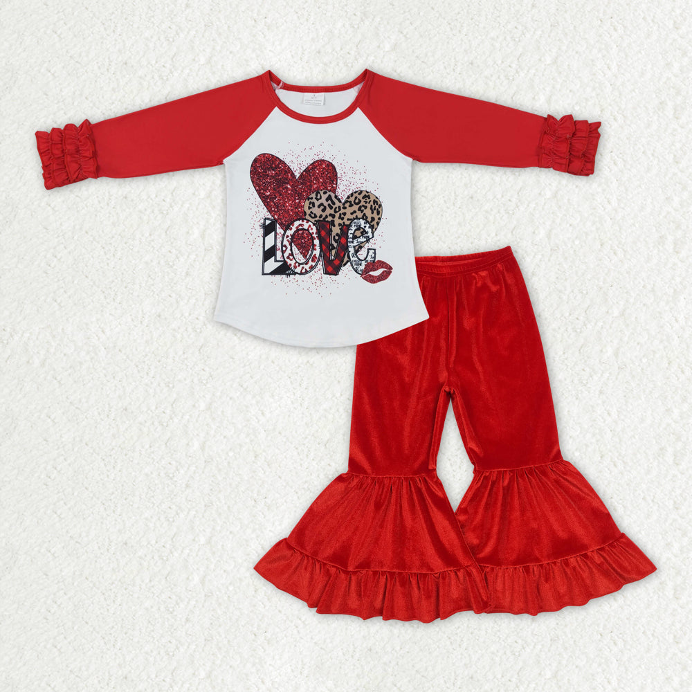GLP2330 Red Love long sleeve top velour bell bottom pants outfit Valentines baby girl Boutique Outfit RTS 202412
