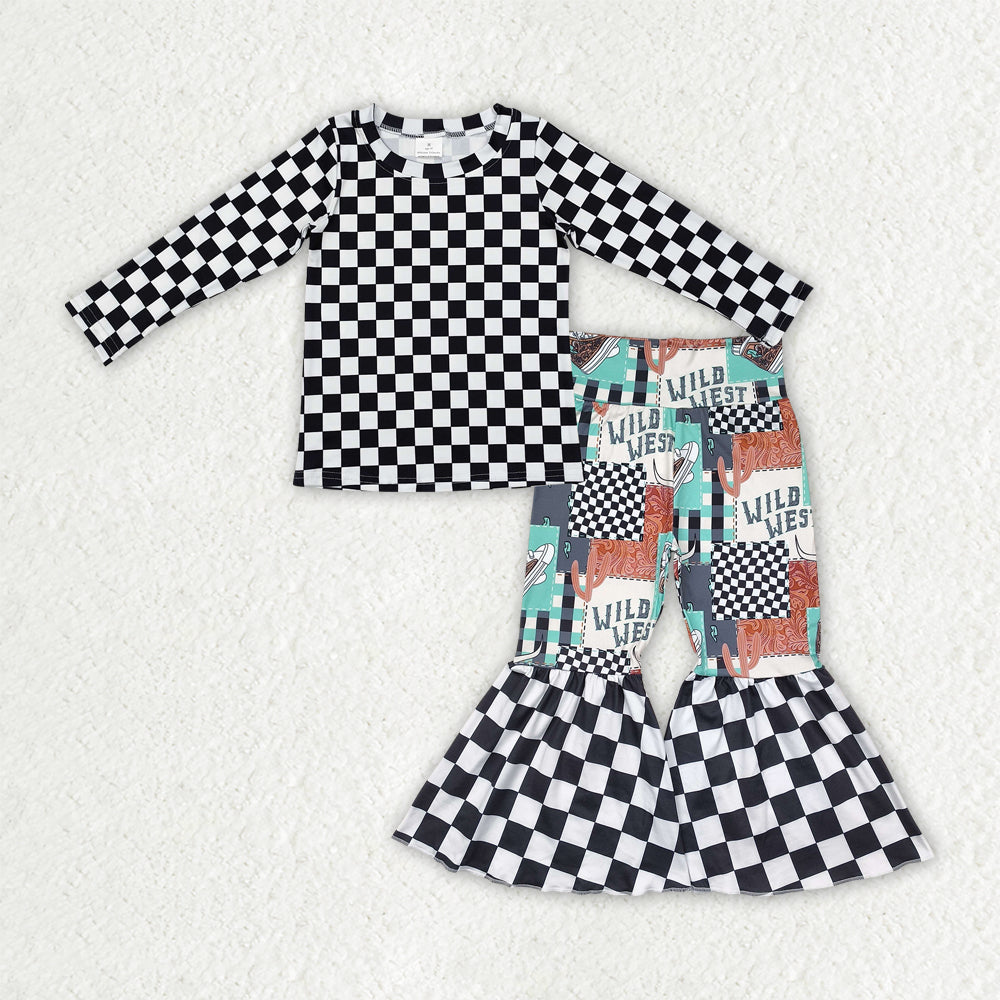 GLP2334 Black Plaid Long Sleeve Cow Cactus Bell Bottom Pants Set Girls Boutique Clothing 202504 RTS