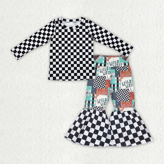 GLP2334 Black Plaid Long Sleeve Cow Cactus Bell Bottom Pants Set Girls Boutique Clothing 202504 RTS