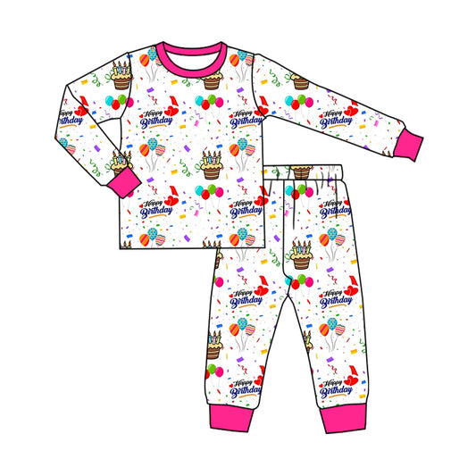 Preorder GLP2337 Birthday Balloon Cake Rose Red White Long Sleeves Pants Pajamas Sets Girls Boutique Outfit 202505