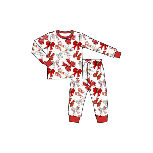 Preorder GLP2341 Merry Christmas Red Bows Long Sleeve Pants Pajamas Sets Girls Boutique Outfit 202505