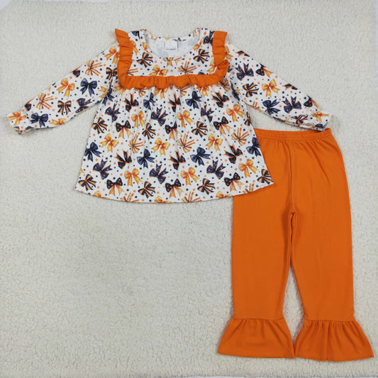 GLP2344 Halloween Star Bows Ruffle Orange White Long Sleeve Pants Sets Girls Boutique Outfit  202507 RTS