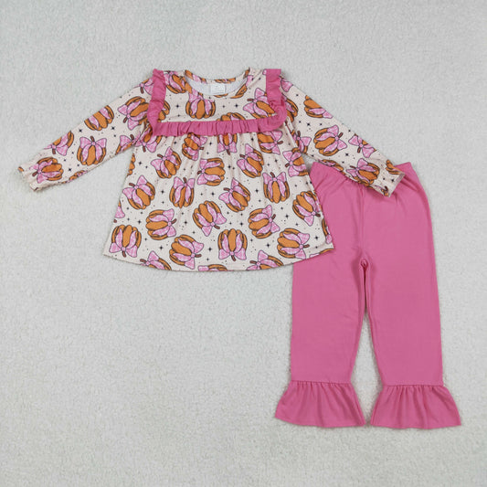 GLP2348 Pumpkin Bows Pink Ruffle Long Sleeve Pants Girls Sets 202509 RTS