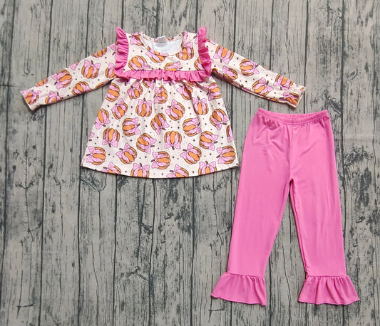 GLP2348 Pumpkin Bows Pink Ruffle Long Sleeve Pants Girls Sets 202509 RTS