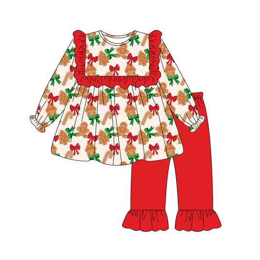 Preorder GLP2350 Gingerbread Man Santa Tree Red Green Bows Ruffle Long Sleeve Pants Sets Girls Boutique Outfit 202505