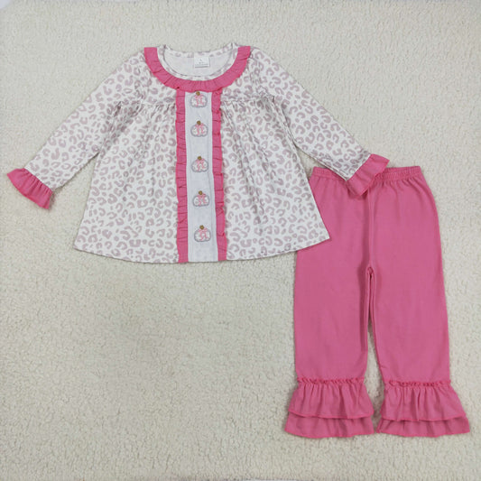 GLP2353 Embroidered Leopard Pumpkin Turkey Pink Ruffle Long Sleeve Pants Girls Sets 202508 RTS