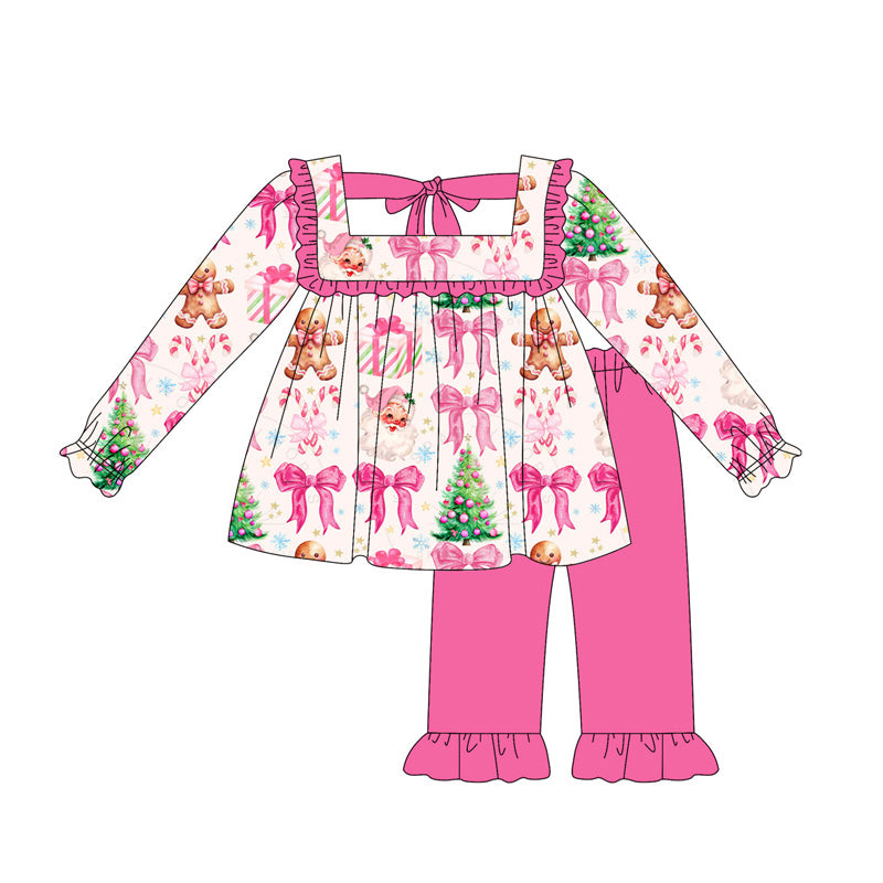 Preorder GLP2354 Gingerbread Santa Claus Gift Bow Tie Pink Ruffle Long Sleeve Pants Sets Girls Boutique Outfit 202505