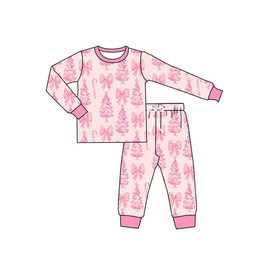 Preorder GLP2356 Christmas Tree Bows Pink Long Sleeve Pants Pajamas Sets Girls Boutique Outfit 202505