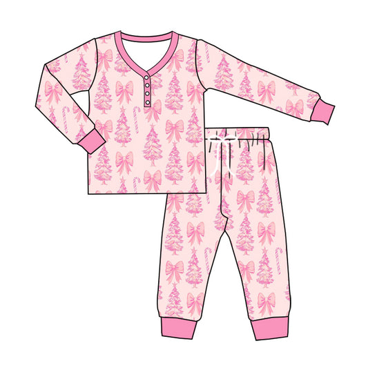 preorder GLP2357 Christmas Tree Bows Pink Long Sleeve Pants Pajamas Sets Adult Women Boutique Outfit 202505