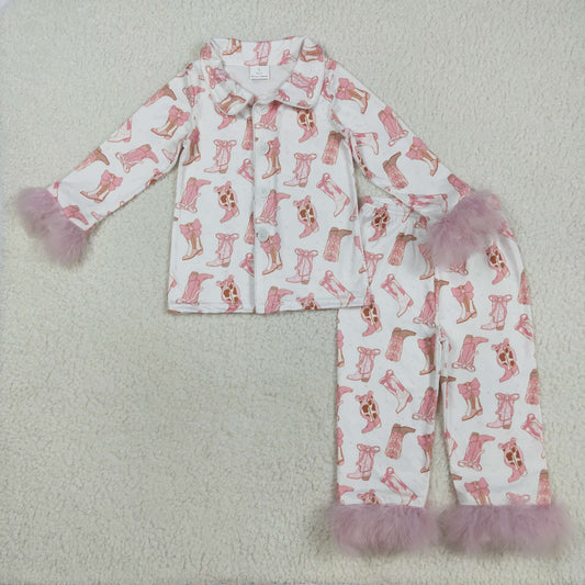 GLP2359 Christmas pink white long sleeve pants pajamas girls set 202508 RTS