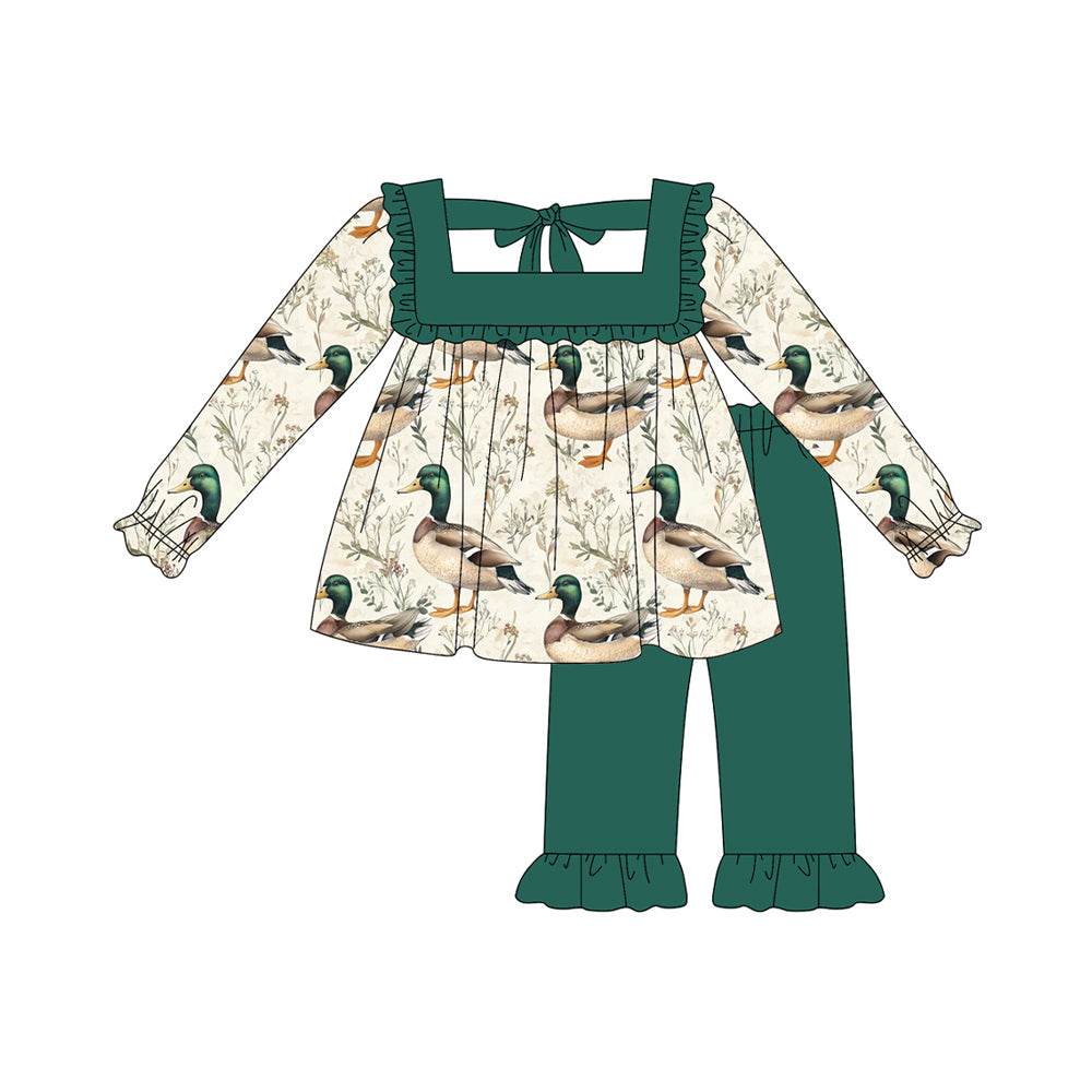 Preorder GLP2360 Duck Hunting Green Ruffle Long Sleeve Pants Sets Girls Boutique Outfit 202505