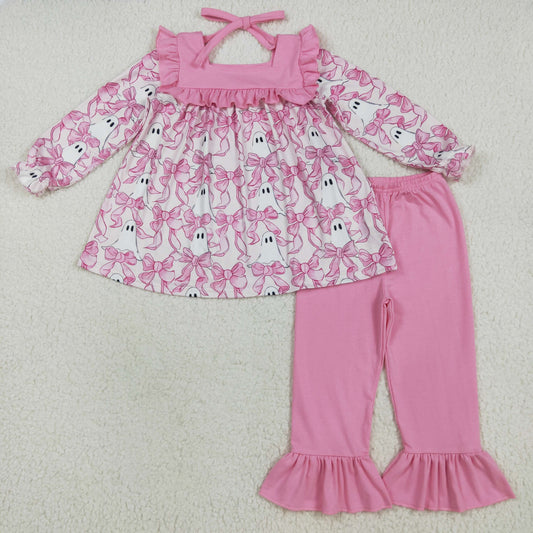 GLP2362 Halloween Ghost Bow Pink Ruffle Long Sleeve Pants Sets Girls Boutique Outfit  202507 RTS