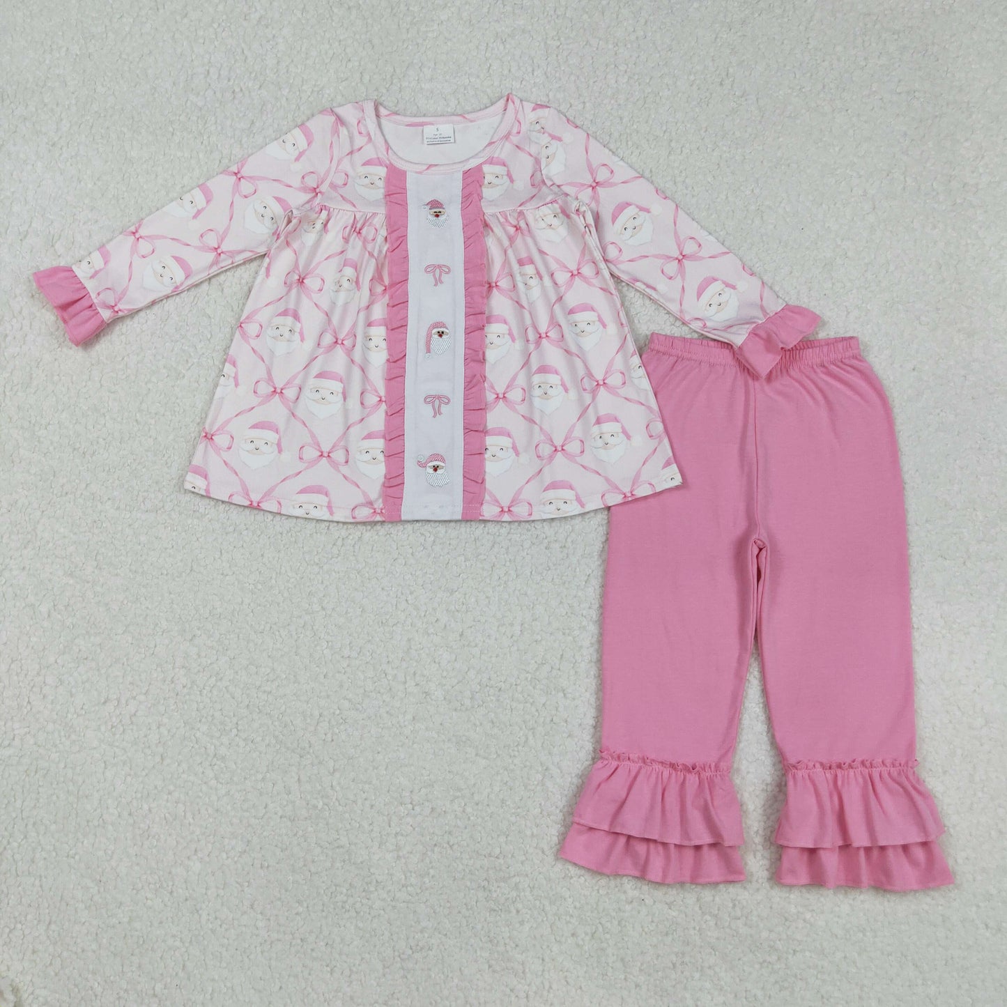 GLP2364 Embroidered Santa Claus Bow Plaid Pink Ruffle Long Sleeve Pants  Girls Sets 202509 RTS