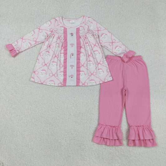 GLP2364 Embroidered Santa Claus Bow Plaid Pink Ruffle Long Sleeve Pants  Girls Sets 202509 RTS