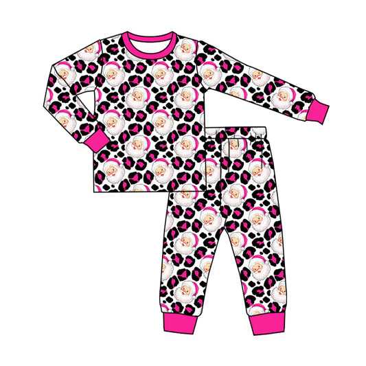 Preorder GLP2366 Santa Claus Rose Red Leopard Print Long Sleeve Pants Pajama Set Girls Boutique Outfit 202505