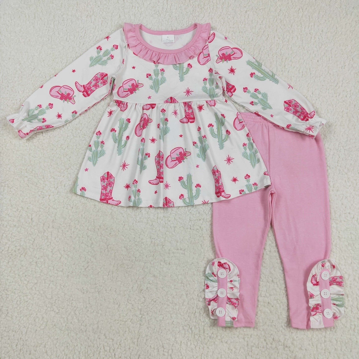 GLP2367 Flower Boots Cactus Pink Ruffle Beige Long Sleeve Pants Girls Set 202508 RTS