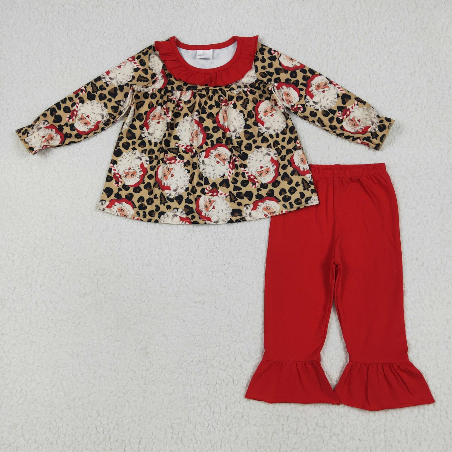 GLP2369 Santa Claus Leopard Red Ruffle Long Sleeve Pants Set Girls Boutique Outfit 202506 RTS