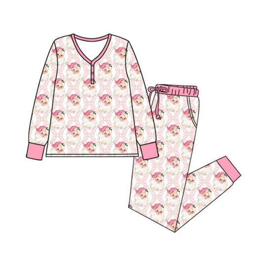 preorder GLP2371 Santa Claus Plaid Pink Long Sleeve Pants Pajamas Sets Adult Women Boutique Outfit 202505