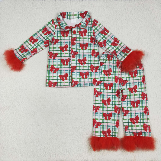 GLP2372 Christmas Green Pink Plaid Red Bow Plush Long Sleeve Pants Pajamas Girls Set High Quality 202507 RTS