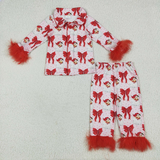GLP2373 Santa Claus Red Bow Pattern Plush Edge Long Sleeves Pants Pajamas Girls Set High Quality 202506 RTS
